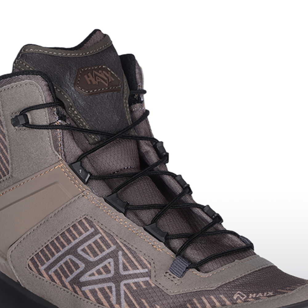 Wanderschuh, Hiking Sneaker, Lederoptik, Schnürsenkel, Grau Braun